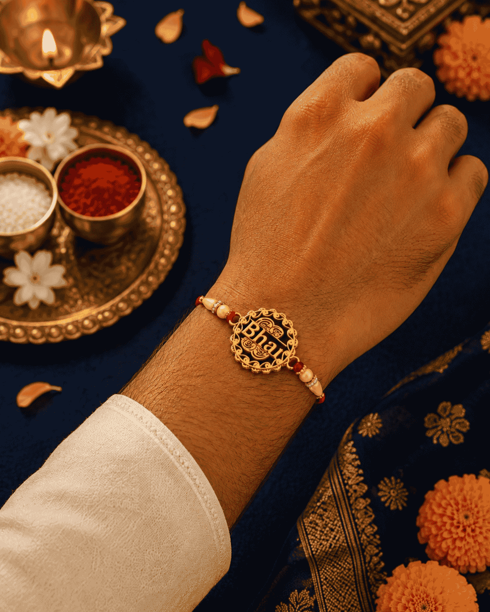 Elegant Bhai Rakhi showcasing a stylish gold-tone "Bhai" centerpiece with premium bead detailing and a festive handcrafted design for Raksha Bandhan.