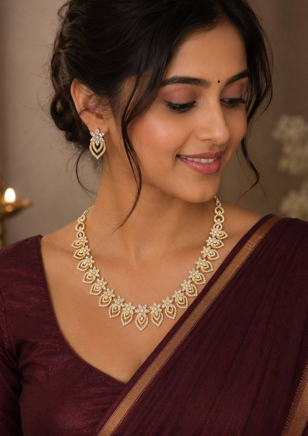 South Indian women wearing a Elegant zircon diamond necklace set crafted with brilliant CZ stones, floral detailing, and matching earrings for weddings and parties.