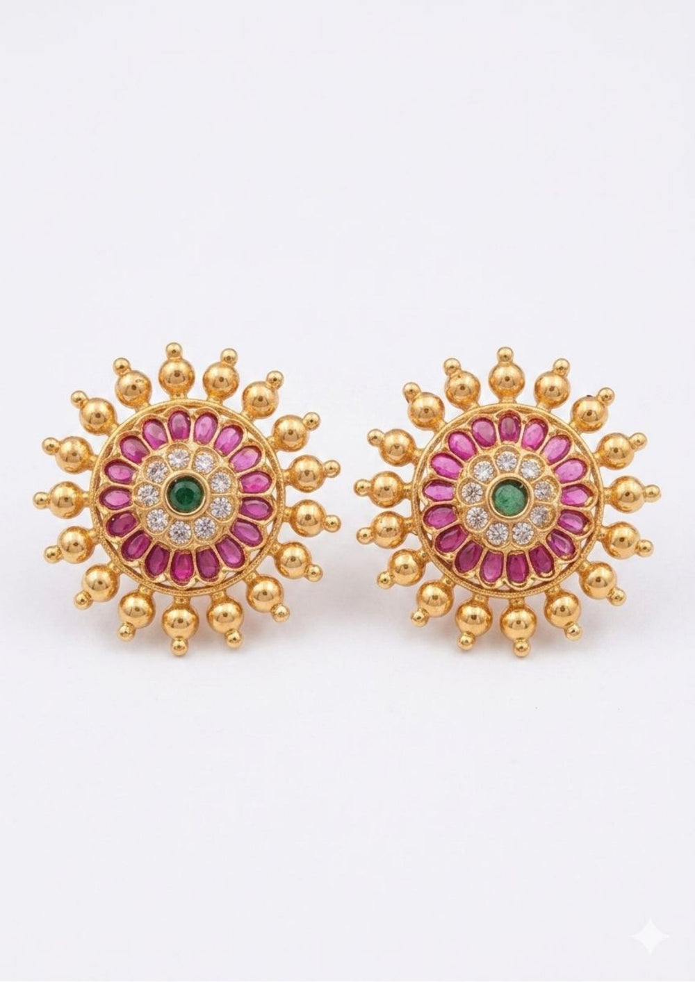 Gold-plated Kemp Chakra studs with pink stones with  looks very traditional and elegant in white background can use for dailyware , functional ware, festive ware and for gift 