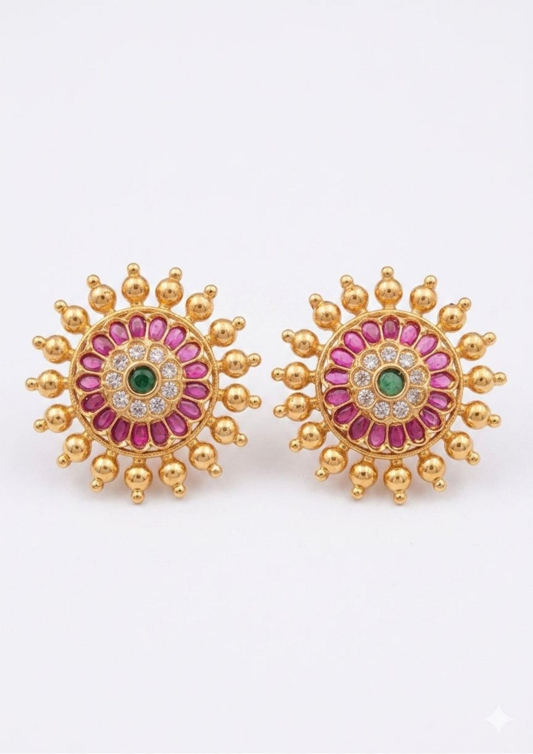 Gold-plated Kemp Chakra studs with pink stones with  looks very traditional and elegant in white background can use for dailyware , functional ware, festive ware and for gift 