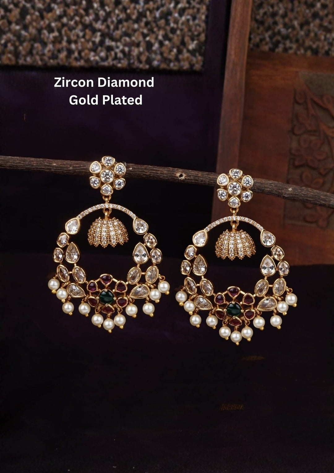 Zircon diamond gold plated red and green multi colour Chandbali Earrings waterproof, anti fade used for Festival ware, weddings, and ideal for gifting. 