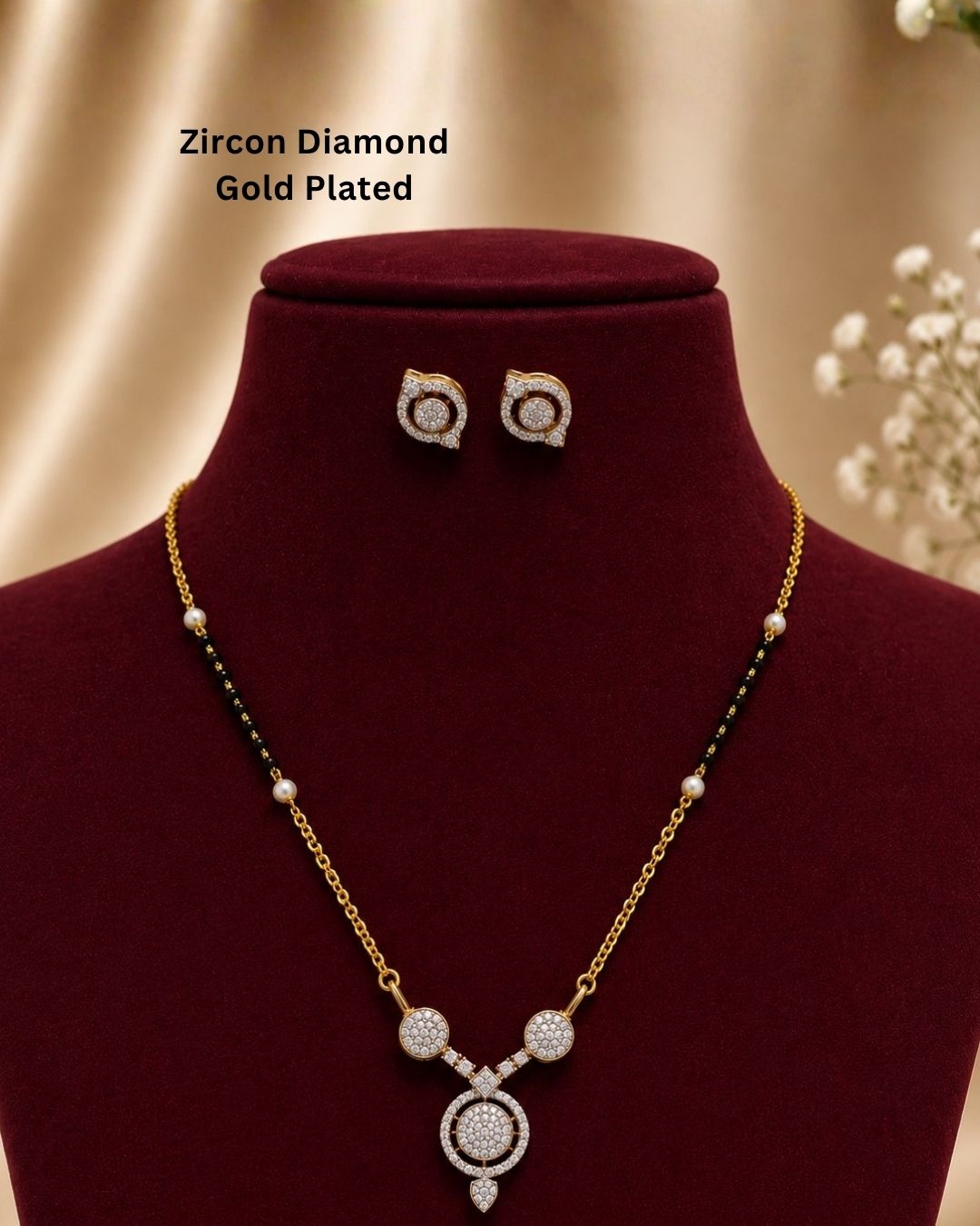 Beautiful black beads gold plated necklace set featuring a delicate chain, pearl accents, sparkling circular pendant, and matching earrings. Perfect for daily wear, festive occasions, traditional outfits, parties, and gifting.
