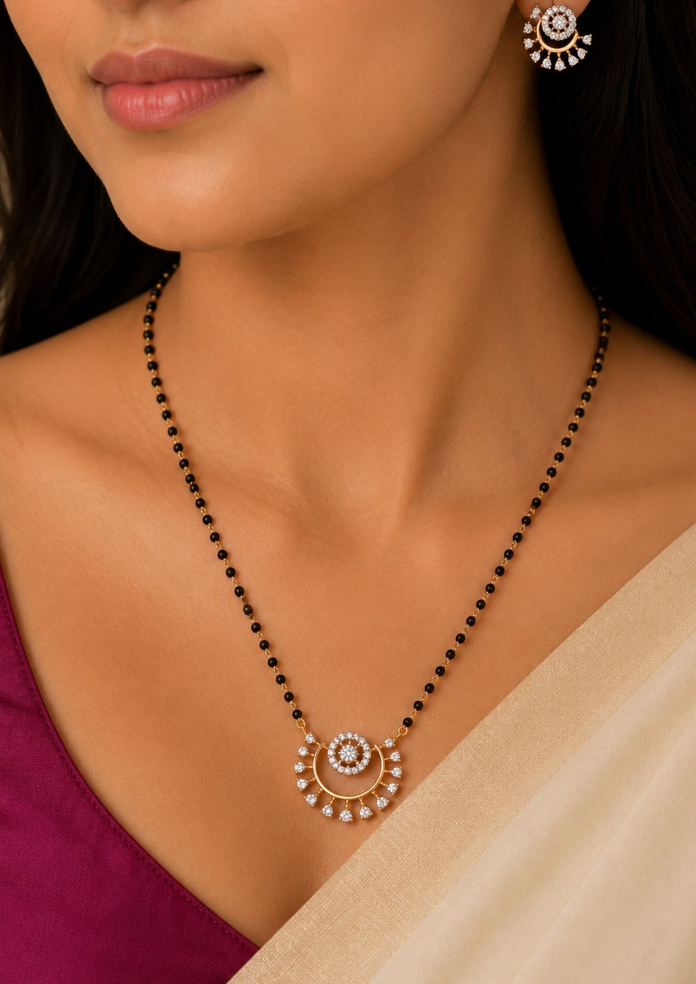 South indian Womens Delicate gold plated black bead mangalsutra showcasing a circular zircon pendant with sparkling halo detailing and elegant dangling crystals, perfect for daily wear, office wear, festive occasions, and traditional styling.
