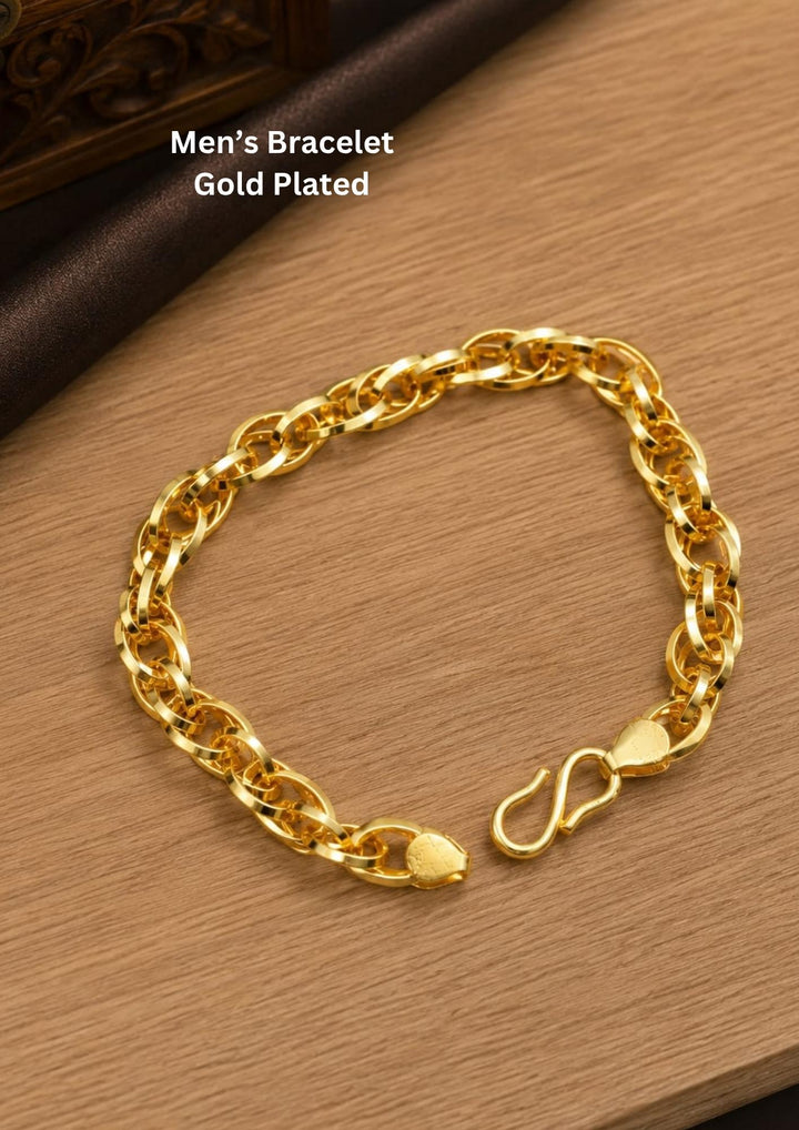 Premium gold plated bracelet for men showcasing smooth oval chain links and a sleek finish, ideal for casual, festive, and party wear.