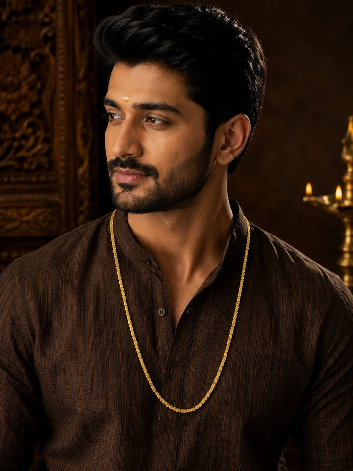 Elegant gold plated box link chain for men crafted with a lightweight design and premium finish, ideal for weddings, festivals, traditional outfits, daily wear, and gifting.