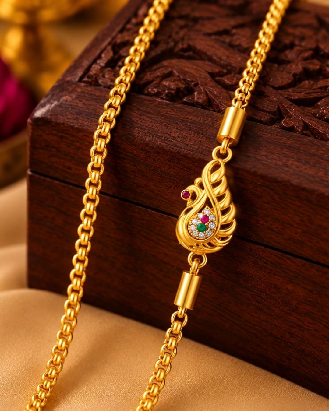 Elegant gold plated thalli chain displayed on beige silk with a carved wooden jewellery box, featuring a simple chain and a detailed ornamental clasp.