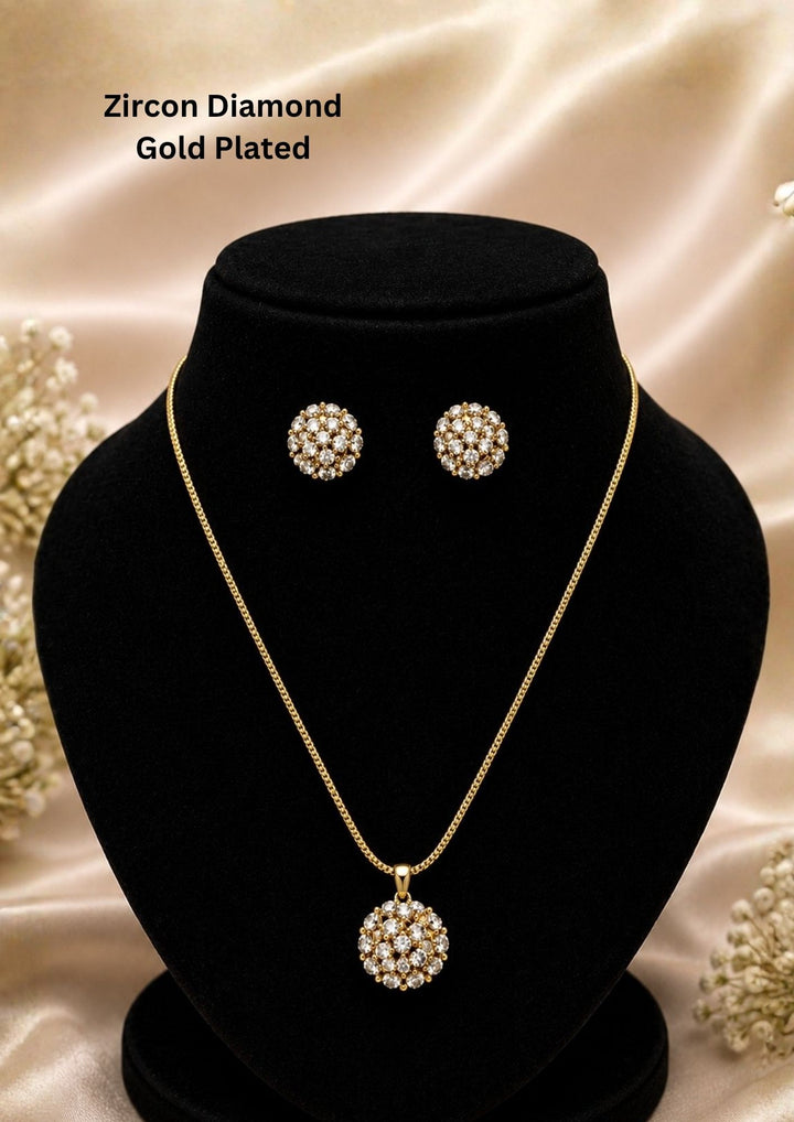 Premium 18K gold plated pendant and earrings set adorned with shimmering zircon stones in a timeless round cluster pattern for festive and daily wear.