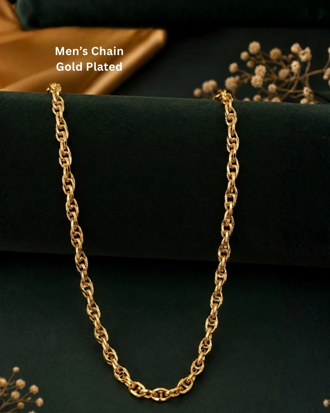 Elegant men’s 18K gold plated chain featuring a classic linked design, perfect for daily wear, office outfits, casual looks, festive occasions, and gifting.