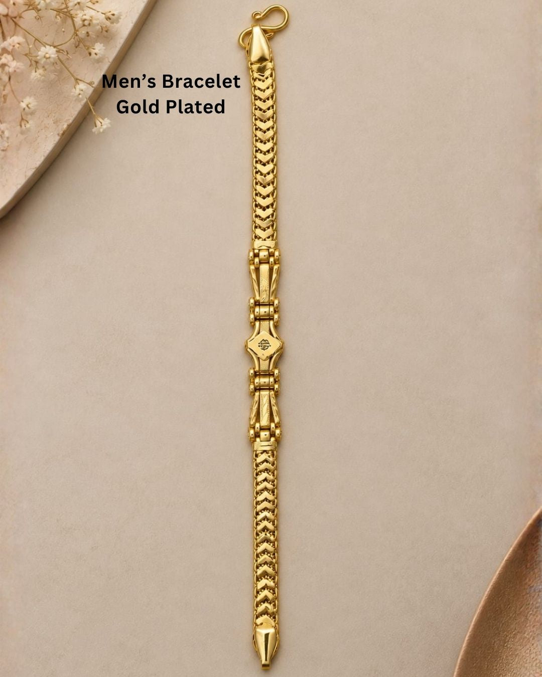Premium gold plated men’s bracelet with a distinctive chevron link design and detailed central accent, suitable for everyday wear, parties, festive occasions, and gifting.