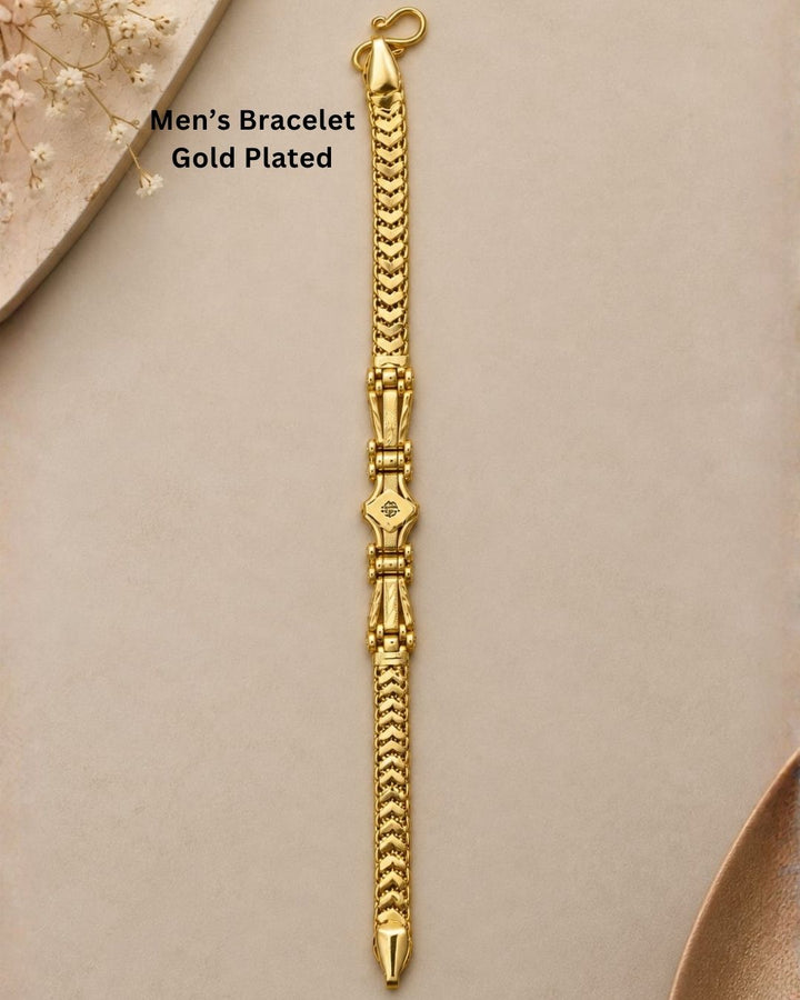Premium gold plated men’s bracelet with a distinctive chevron link design and detailed central accent, suitable for everyday wear, parties, festive occasions, and gifting.