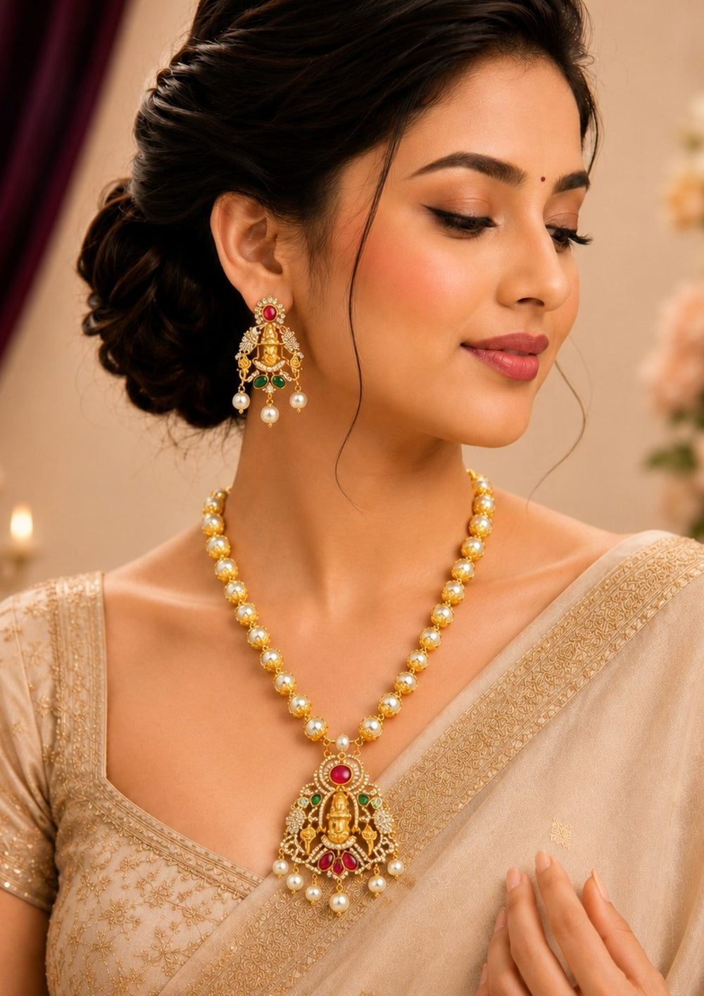 South Indian Woman wearing a Beautiful temple style Balaji pendant necklace featuring high-luster pearl beads and traditional Indian craftsmanship. The antique-finish gold-plated pendant showcases fine engraving work, ruby accents, and small hanging pearl clusters ideal for festive silk sarees. Perfect for weddings and festive occasions.