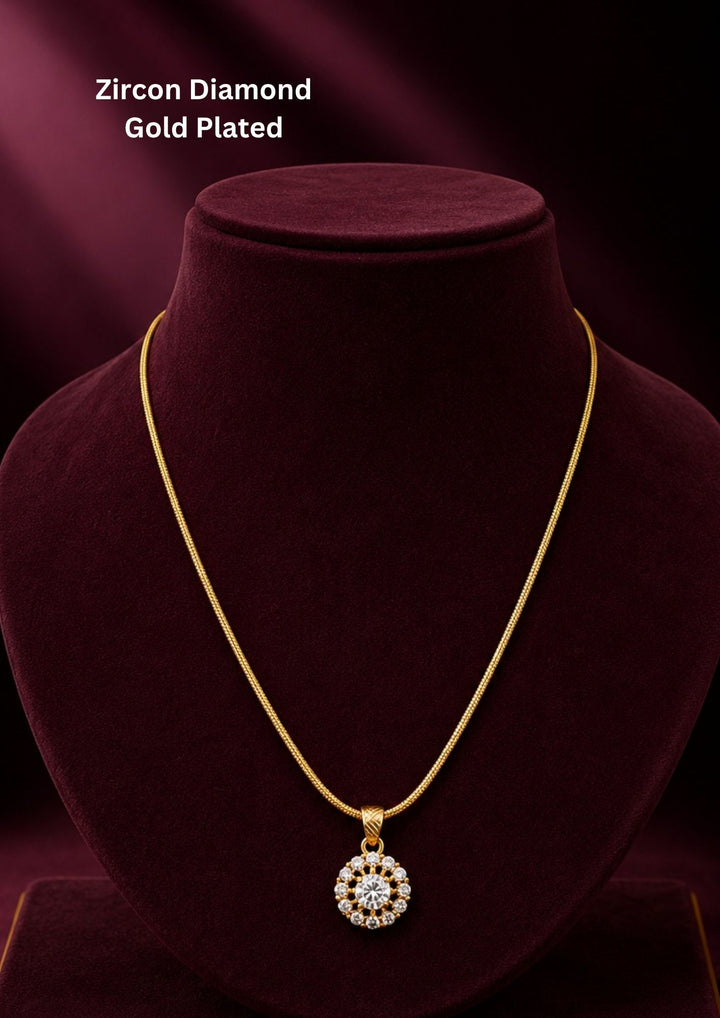 Beautiful Zircon Diamond gold plated pendant chain featuring a brilliant round solitaire-inspired pendant with sparkling zircon stones. Perfect for daily wear and festive styling.