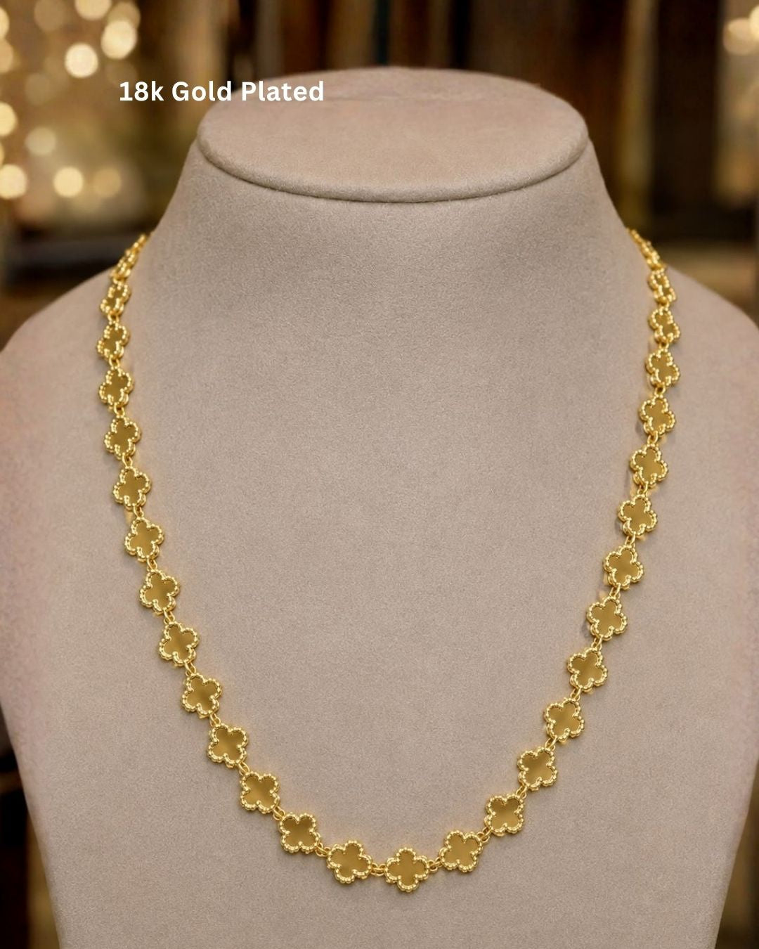 Beautiful gold plated clover chain featuring polished four-leaf clover links with a premium finish. Perfect for daily wear, layering, festive occasions, traditional outfits, and premium gifting.