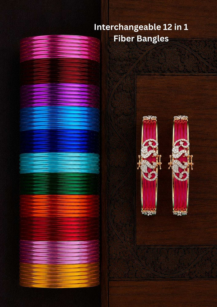 Beautiful interchangeable 12 in 1 fiber bangles featuring twelve vibrant colour combinations with a detachable zircon diamond gold plated centerpiece. Perfect for weddings, festive occasions, traditional wear, parties, and everyday styling.