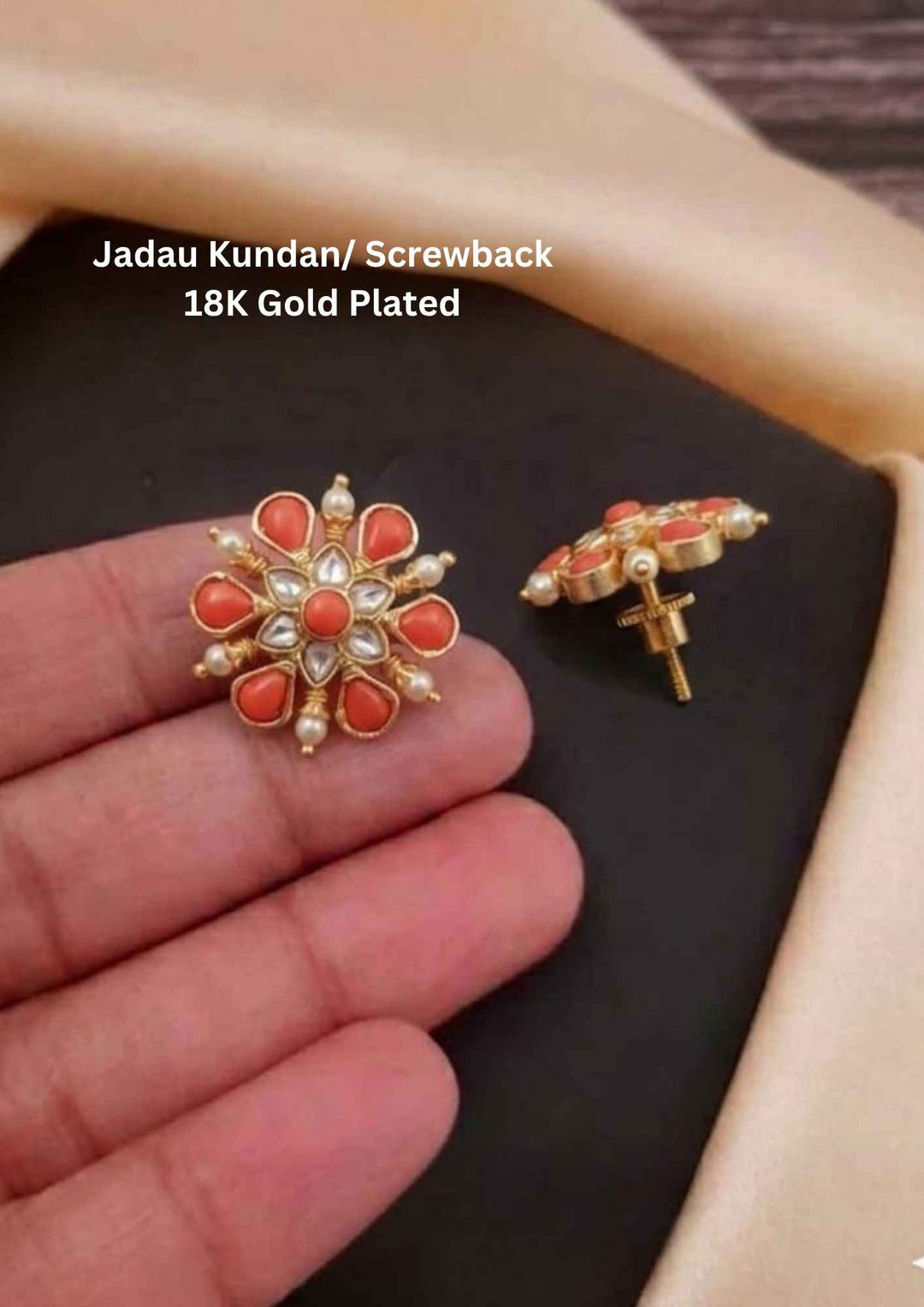 Kundan Coral Screwback Gold Plated Studs