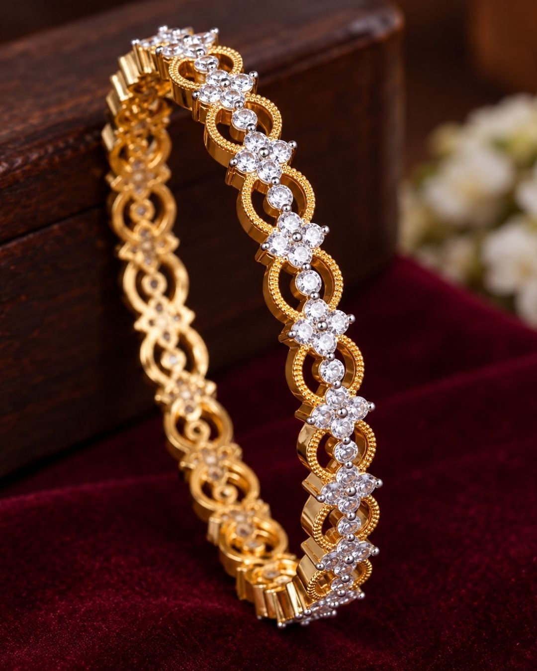 Close-up of hands wearing Gold-plated zircon diamond bangles comes with set of 2 and looks vert clear in picture how it looks and also in ide the bangle also in detailed and can be used for office ware , festivals and functions 