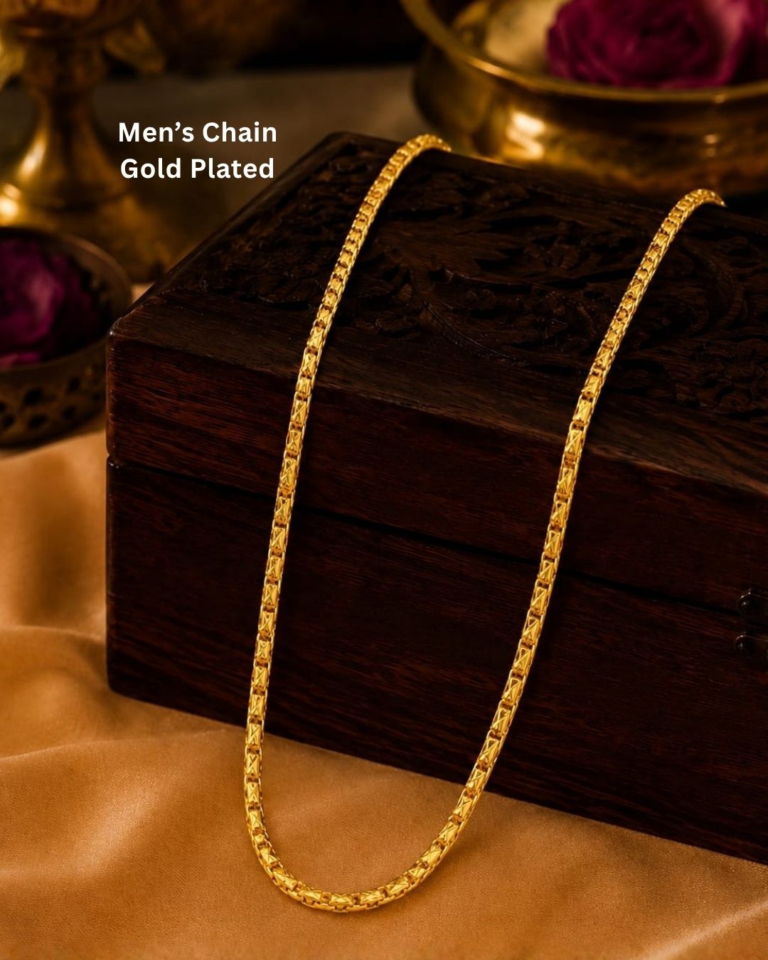 Beautiful gold plated designer chain featuring intricate link detailing and a refined polished finish. Perfect for daily wear, festive occasions, traditional outfits, and gifting.