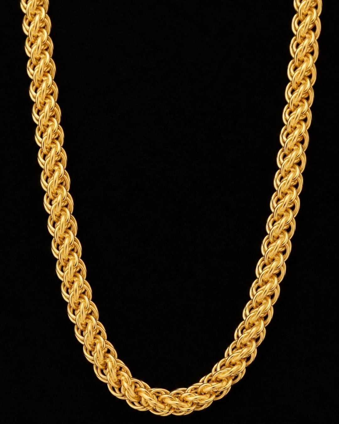 A close-up of a man wearing a thick, shiny gold rope chain necklace perfect for daily wear and come with anti tarnish color