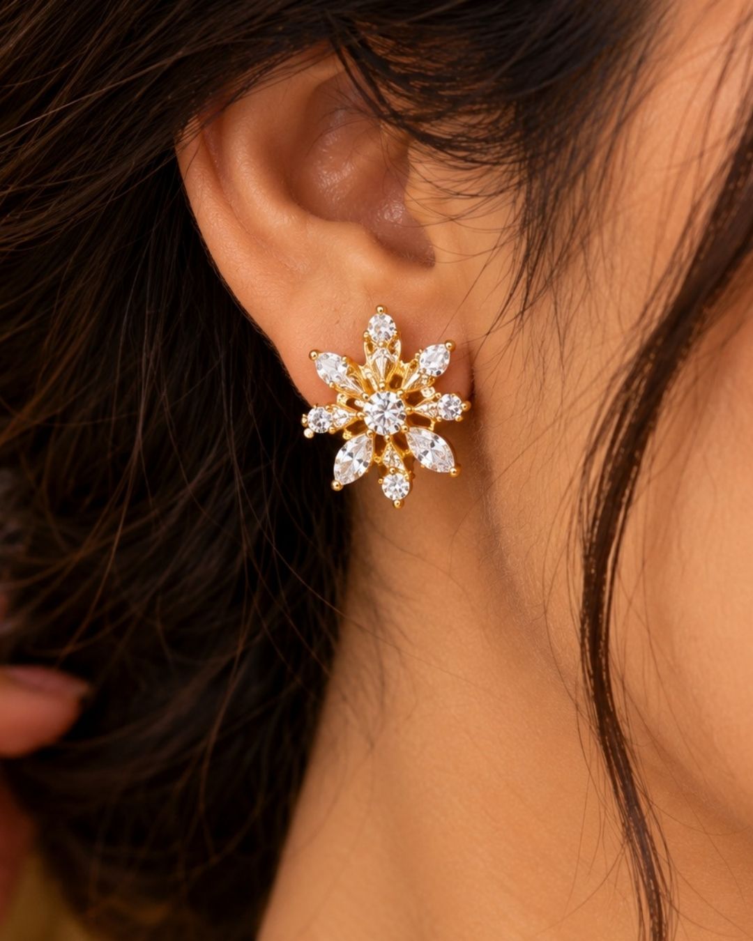 South Indian women wearing  Pure Zirconian Diamond Gold Plated long chain necklace and matching stud earrings set. The jewelry designed with floral pattern made of sparkling cube zirconia stones on a gold-plated base for festivals, temple visits, weddings, functions and dailywear