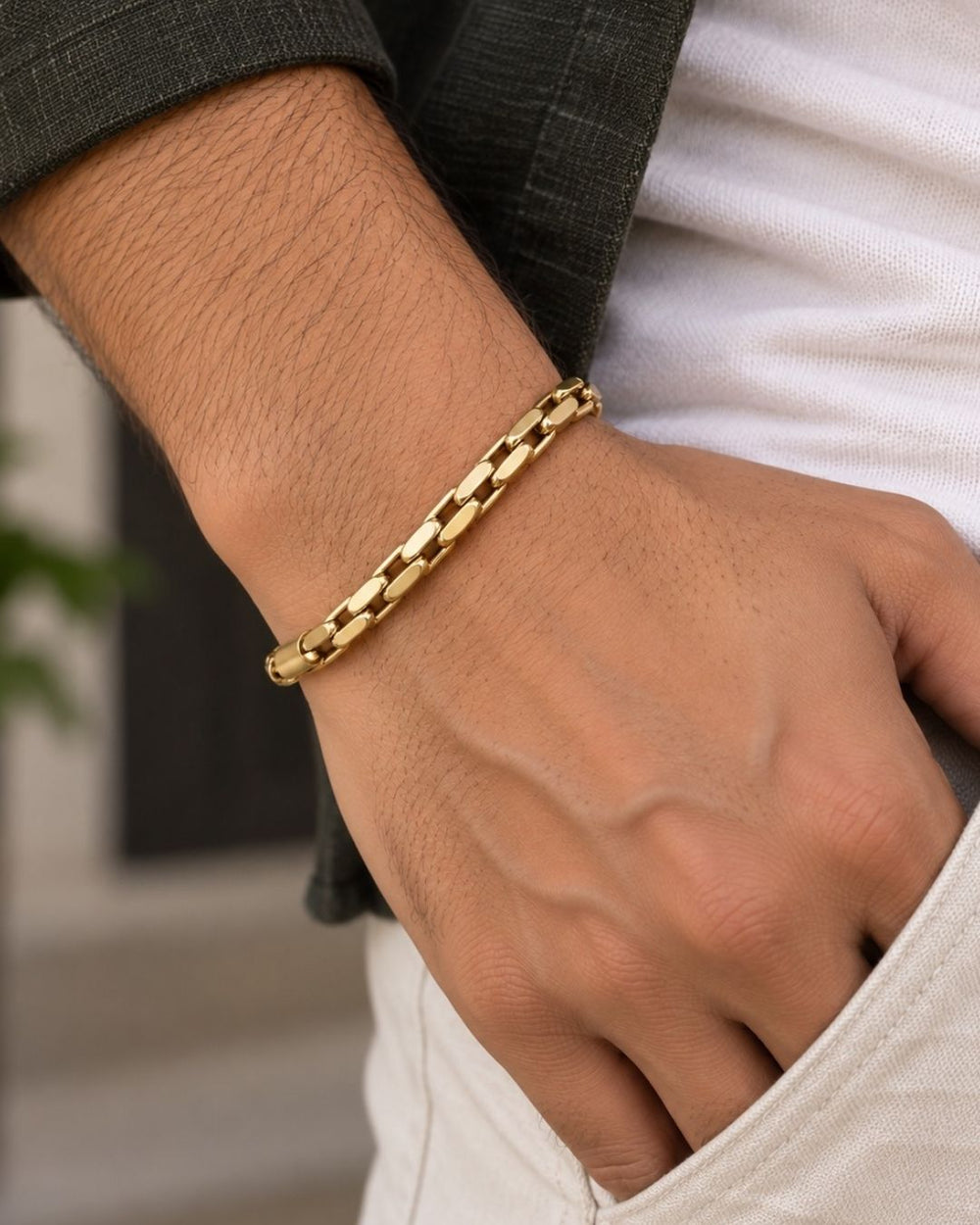 Stylish gold plated men’s bracelet featuring a sleek geometric link pattern, polished finish, and secure clasp, perfect for daily wear, parties, festive occasions, and modern looks.