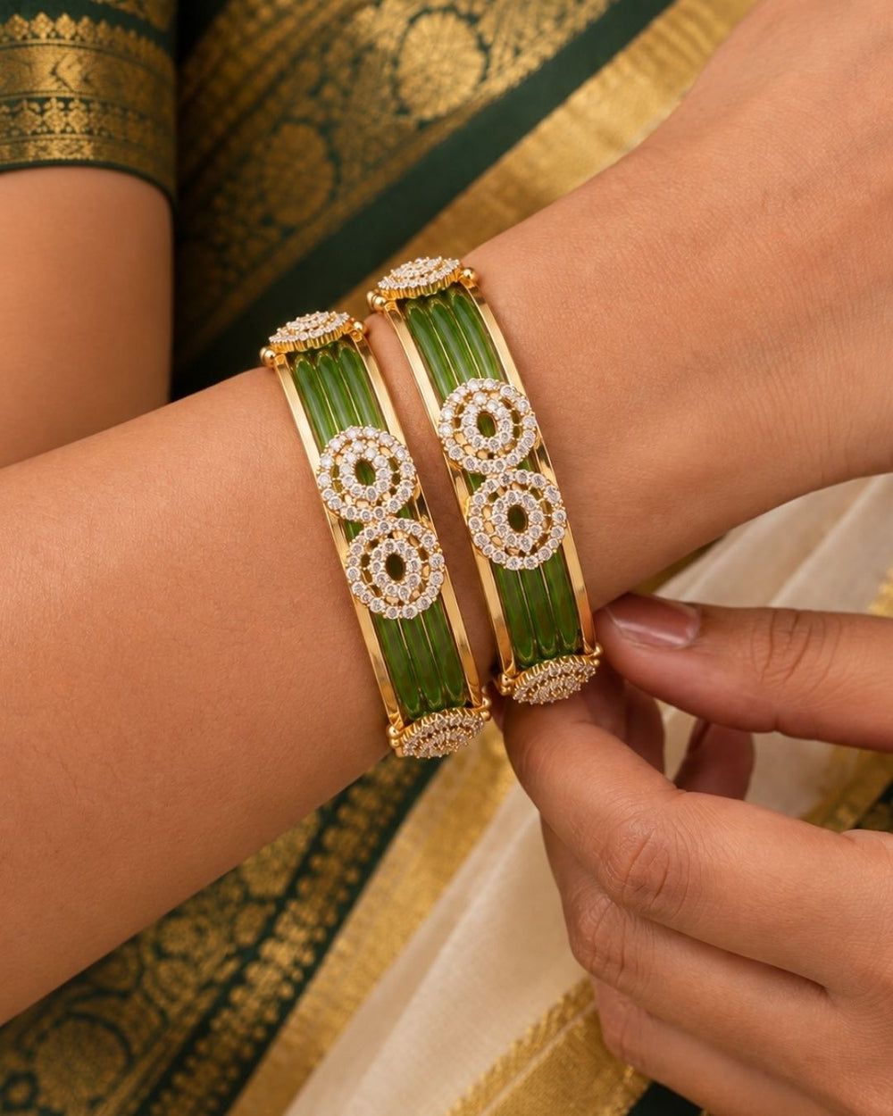 Elegant green and gold plated bangles featuring multiple green bands, intricate stone studded circular designs, and decorative gold detailing, ideal for bridal and traditional wear.