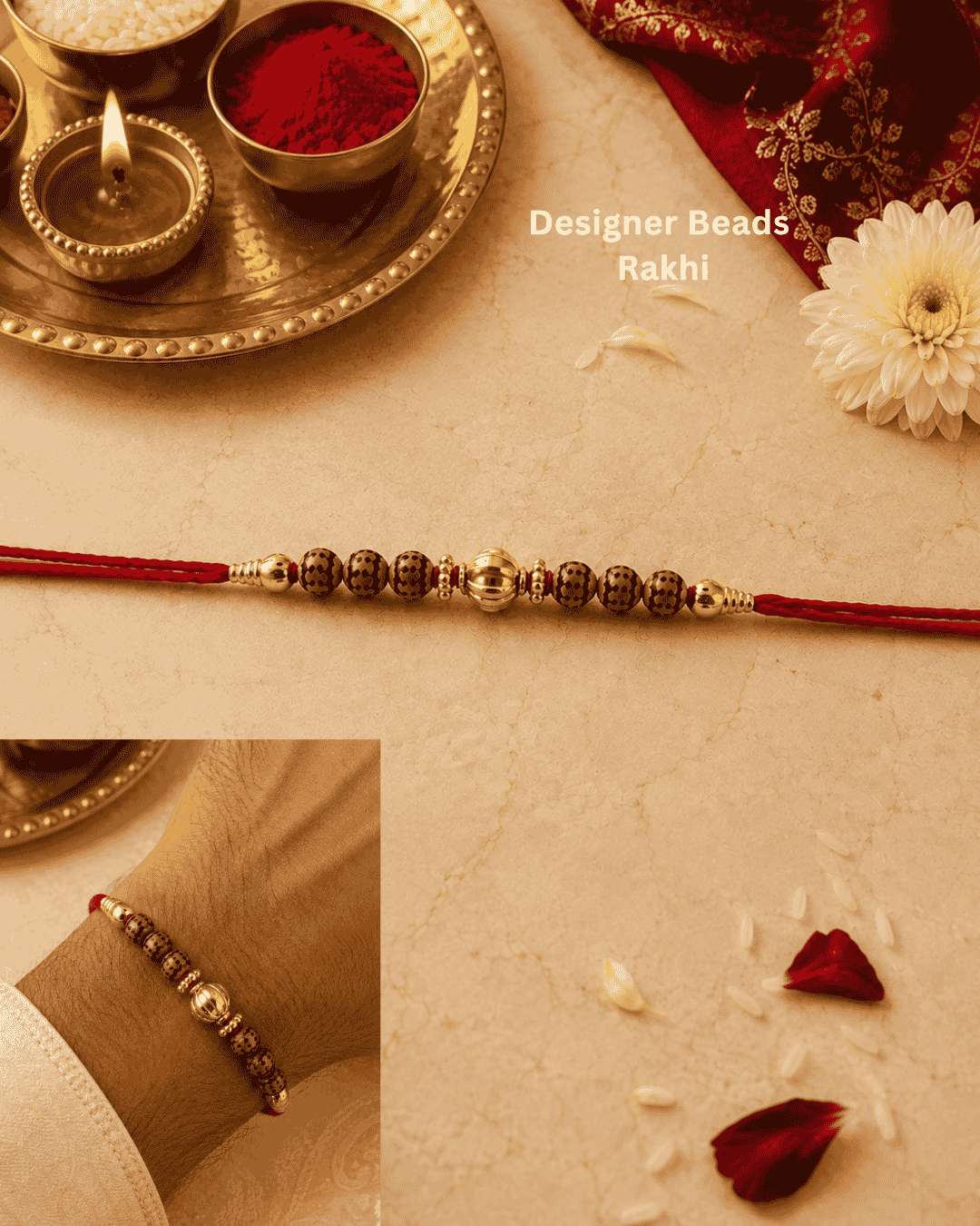 Beautiful designer beads gold plated Rakhi featuring textured beads, gold accents, and a classic handcrafted design. Perfect for Raksha Bandhan celebrations and thoughtful gifting.