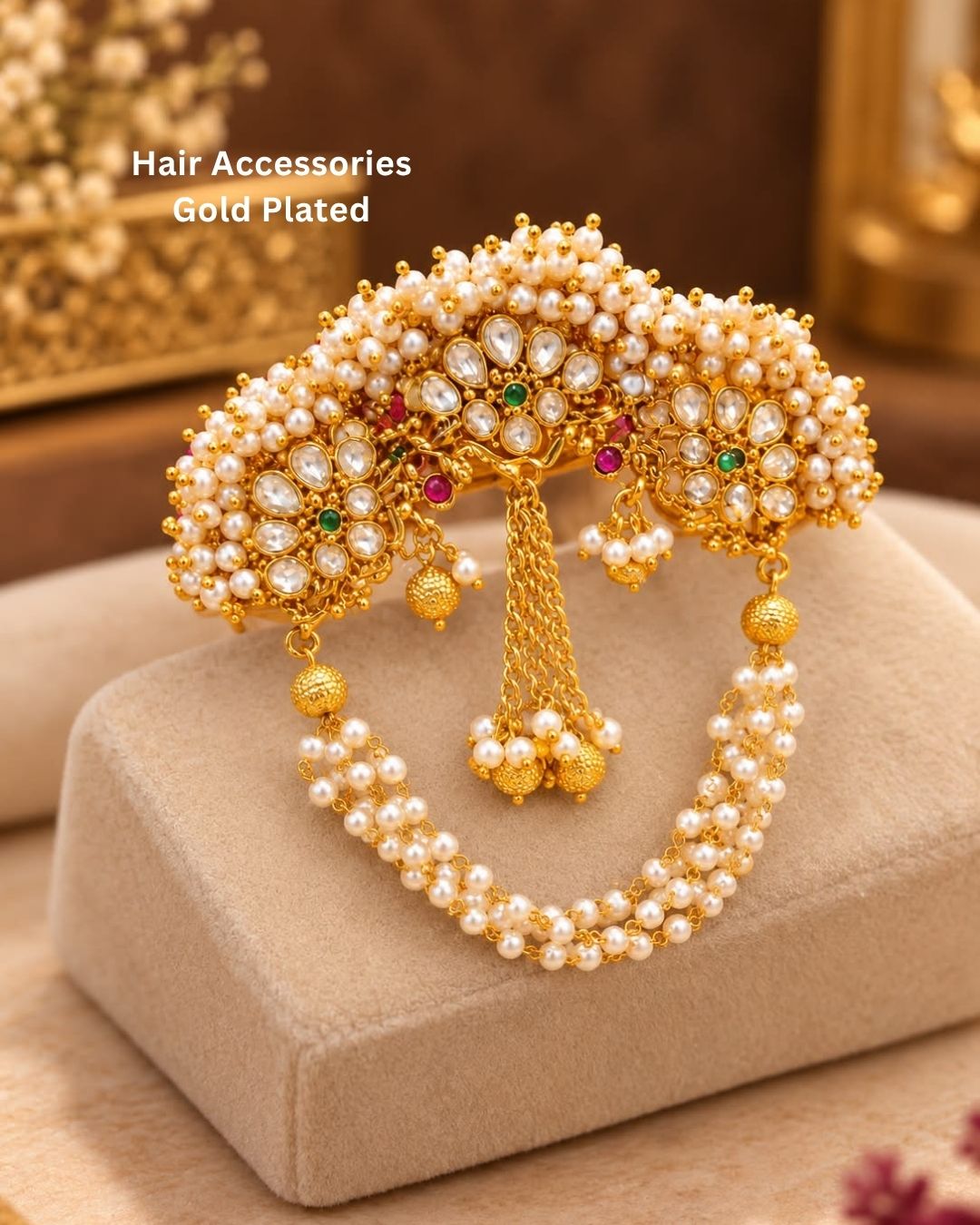 Traditional Indian hair ornament with pearl beadwork, kundan accents, and gold-tone hanging details for festive and bridal hairstyles.