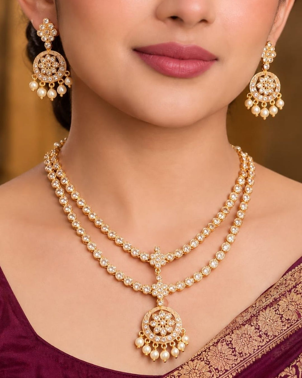 South indian women's Designer gold plated CZ necklace set adorned with brilliant crystal stones, floral motifs, pearl drops, and matching earrings for festive and party wear.