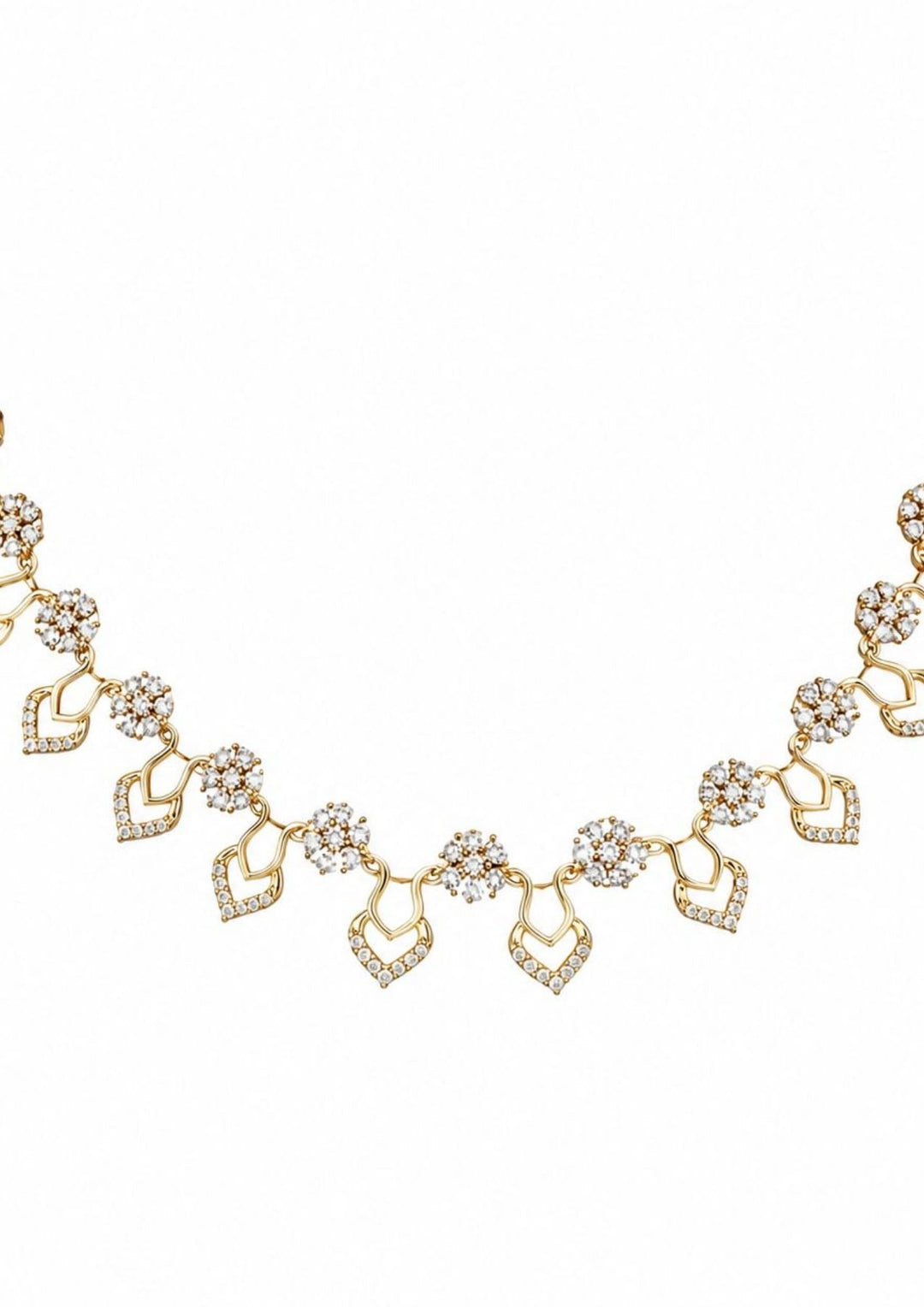 An elegant 18K gold-plated necklace set displayed on a black mannequin stand, featuring small floral clusters made of pure white zirconian diamonds. The necklace has a beautiful wavy pattern with delicate, sparkly teardrop shapes hanging at the bottom.