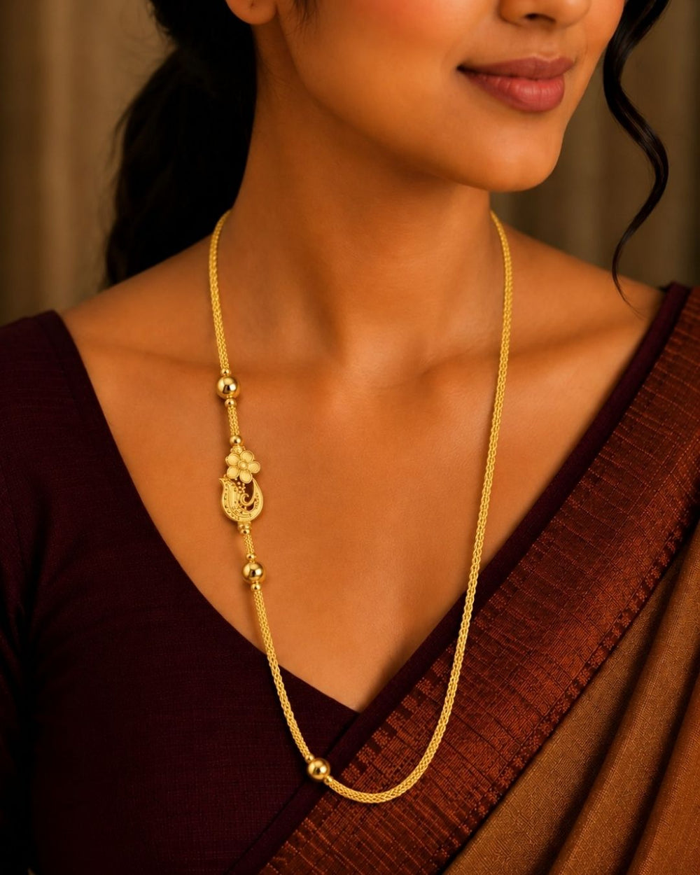 Elegant gold plated Thaali chain featuring a beautifully detailed traditional floral pendant, gold bead accents, and a refined chain design, perfect for daily wear, festive occasions, and traditional looks.