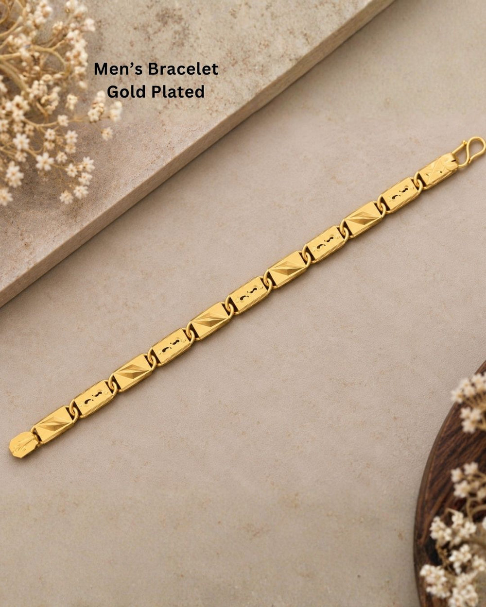 Premium gold plated men’s bracelet with a distinctive geometric link pattern, polished finish, and secure clasp, suitable for everyday wear, parties, festive occasions, special events, and gifting.