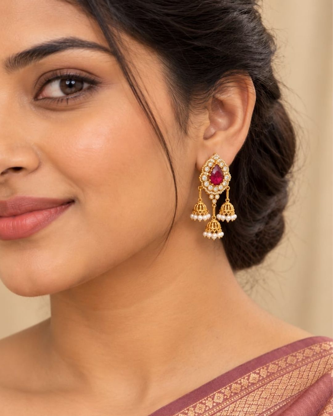 Gold plated zircon diamond jhumka earrings featuring ruby red teardrop stones, clear sparkling stones, and multiple pearl-decorated gold jhumka hangings.