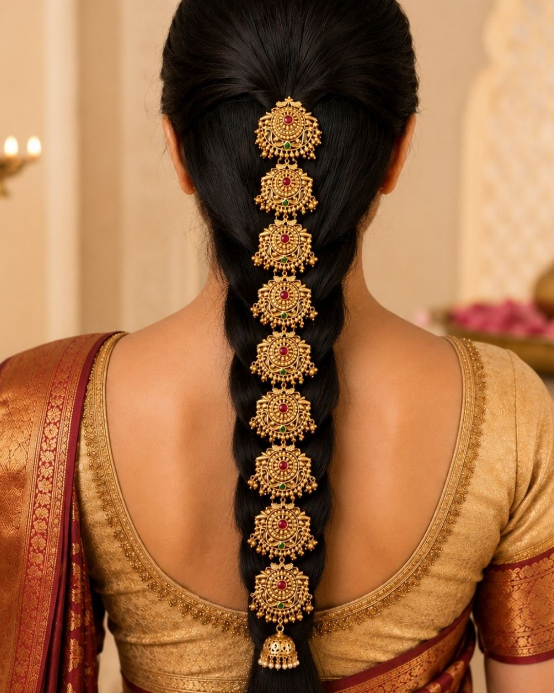 Beautiful antique temple gold plated Jada Billalu featuring intricately handcrafted traditional medallions, ruby and green stone detailing, and classic South Indian artistry. Perfect for bridal hairstyles, weddings, festivals, Bharatanatyam, Kuchipudi performances, and premium gifting.