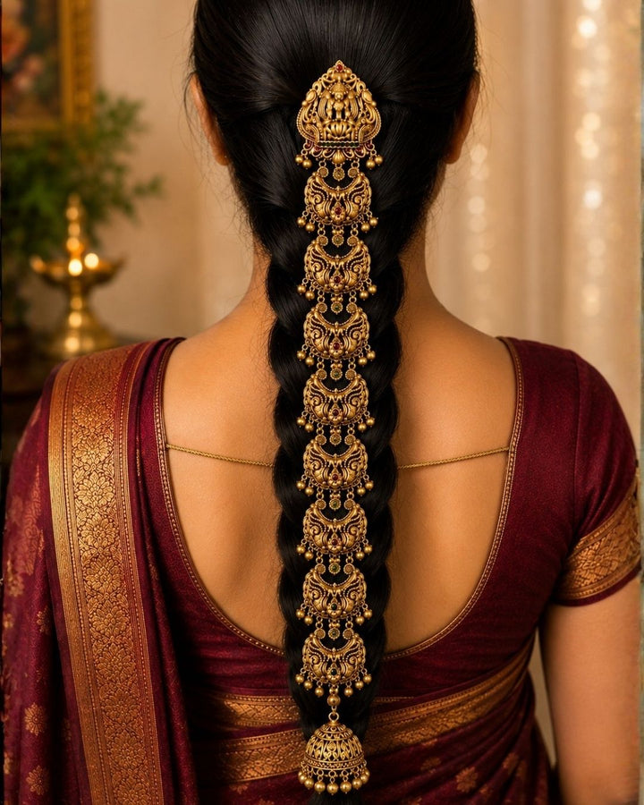 Beautiful Lakshmi Peacock gold plated Jada Billalu featuring intricate temple-inspired craftsmanship, antique finish, detailed peacock motifs, and traditional South Indian artistry. Perfect for bridal hairstyles, weddings, festivals, Bharatanatyam, Kuchipudi performances, and premium gifting.