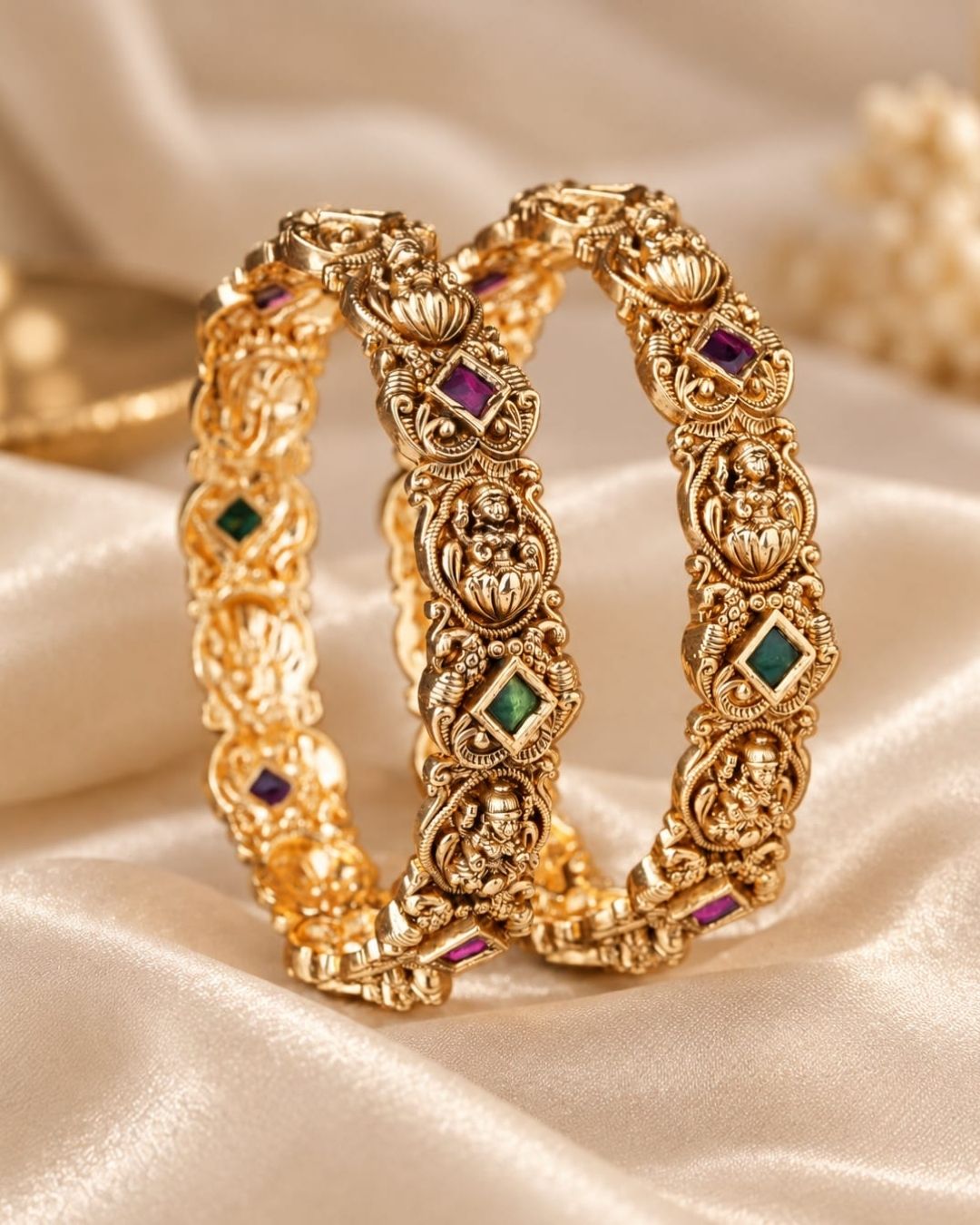 Traditional gold plated temple bangles with Goddess Lakshmi motifs, ruby pink and green square stones, and ornate antique-style craftsmanship.
