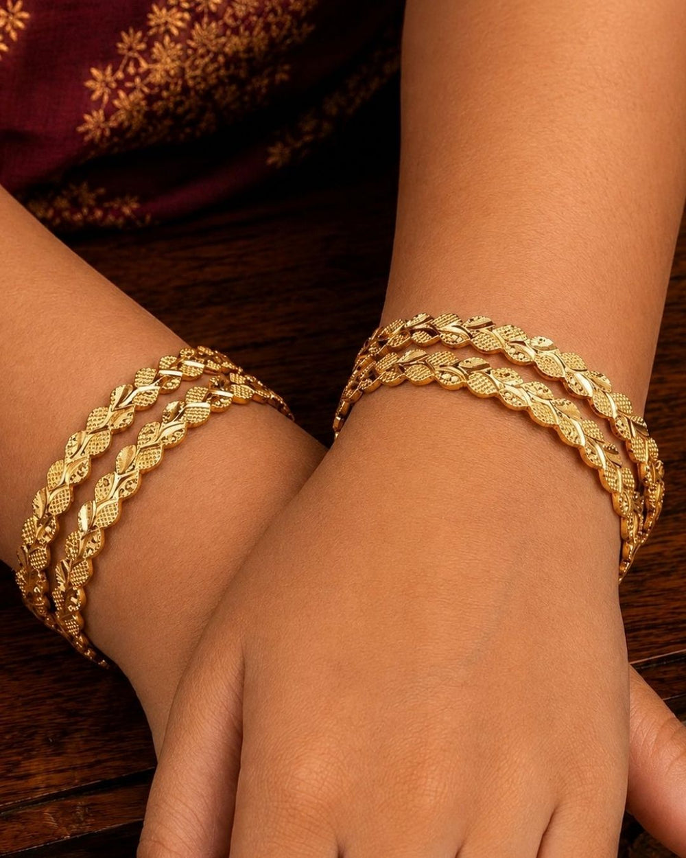 Four slim gold-plated rings stacked together Classic gold plated bangles with intricate engraved detailing for a timeless traditional look. Perfect for parties, office wear and it comes with anti tarnish color, skin friendly and sweat proof.