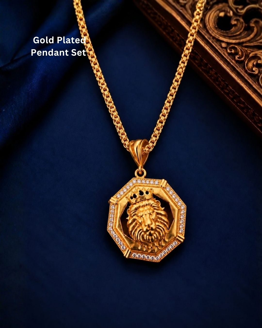Bold gold plated lion pendant featuring an intricately detailed lion face, black center, octagonal gold frame, and sparkling stone border, perfect for men’s fashion, parties, festive occasions, and statement looks.