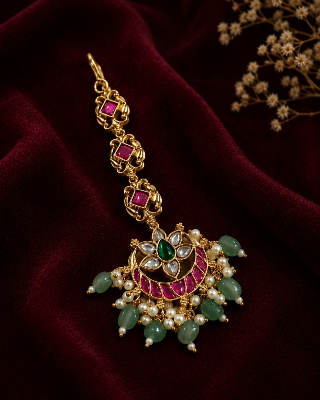 Beautiful traditional gold plated maang tikka featuring a pink stone chain, a floral-inspired circular pendant with green and pink stones, sparkling white accents, clusters of pearls, and multiple green bead drops. Perfect for weddings, festive occasions, traditional outfits, bridal styling, and special celebrations.