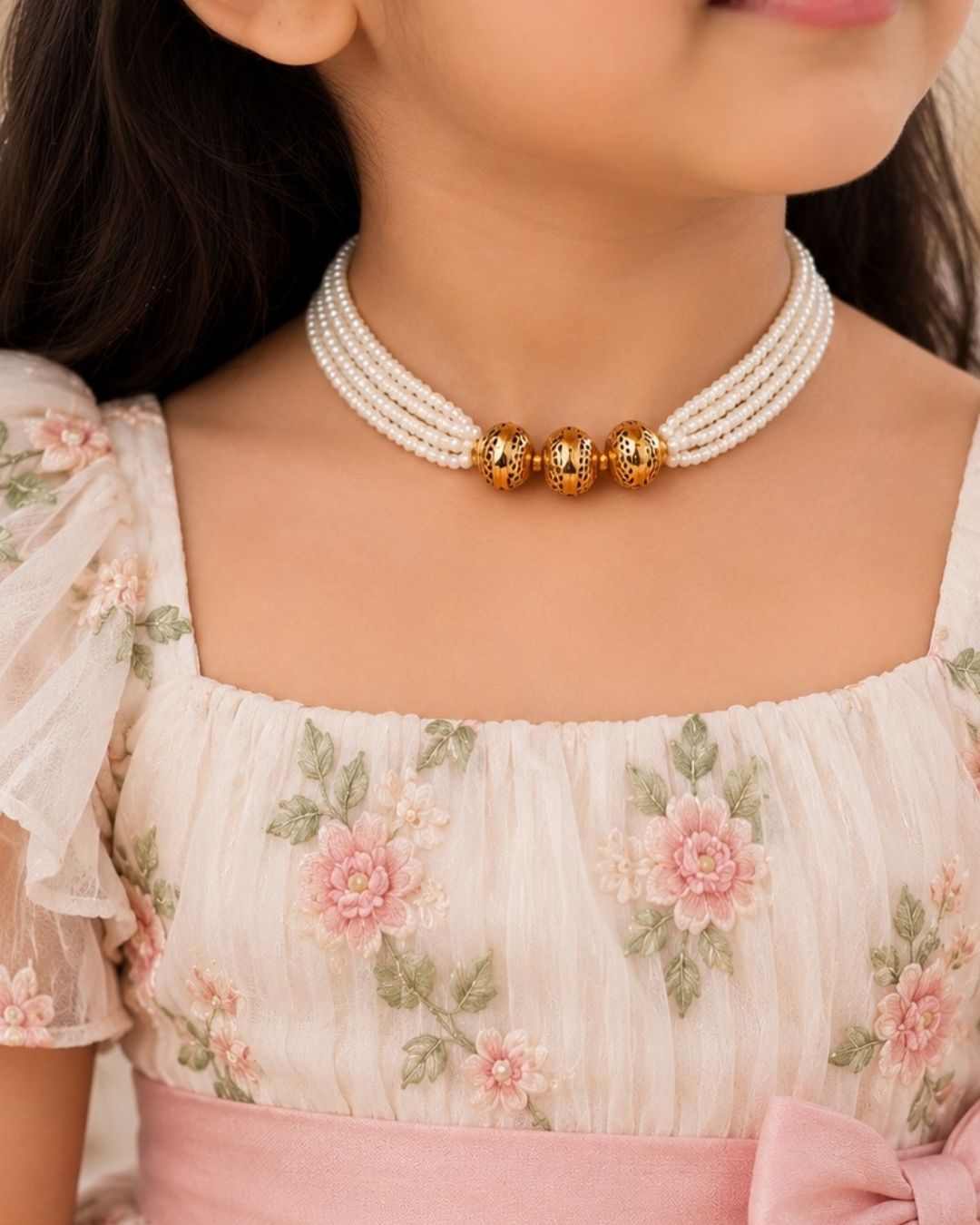 Premium white pearl beaded necklace featuring multiple delicate strands with three intricately patterned gold beads at the center. Perfect for traditional wear, festive occasions, weddings, parties, and gifting.