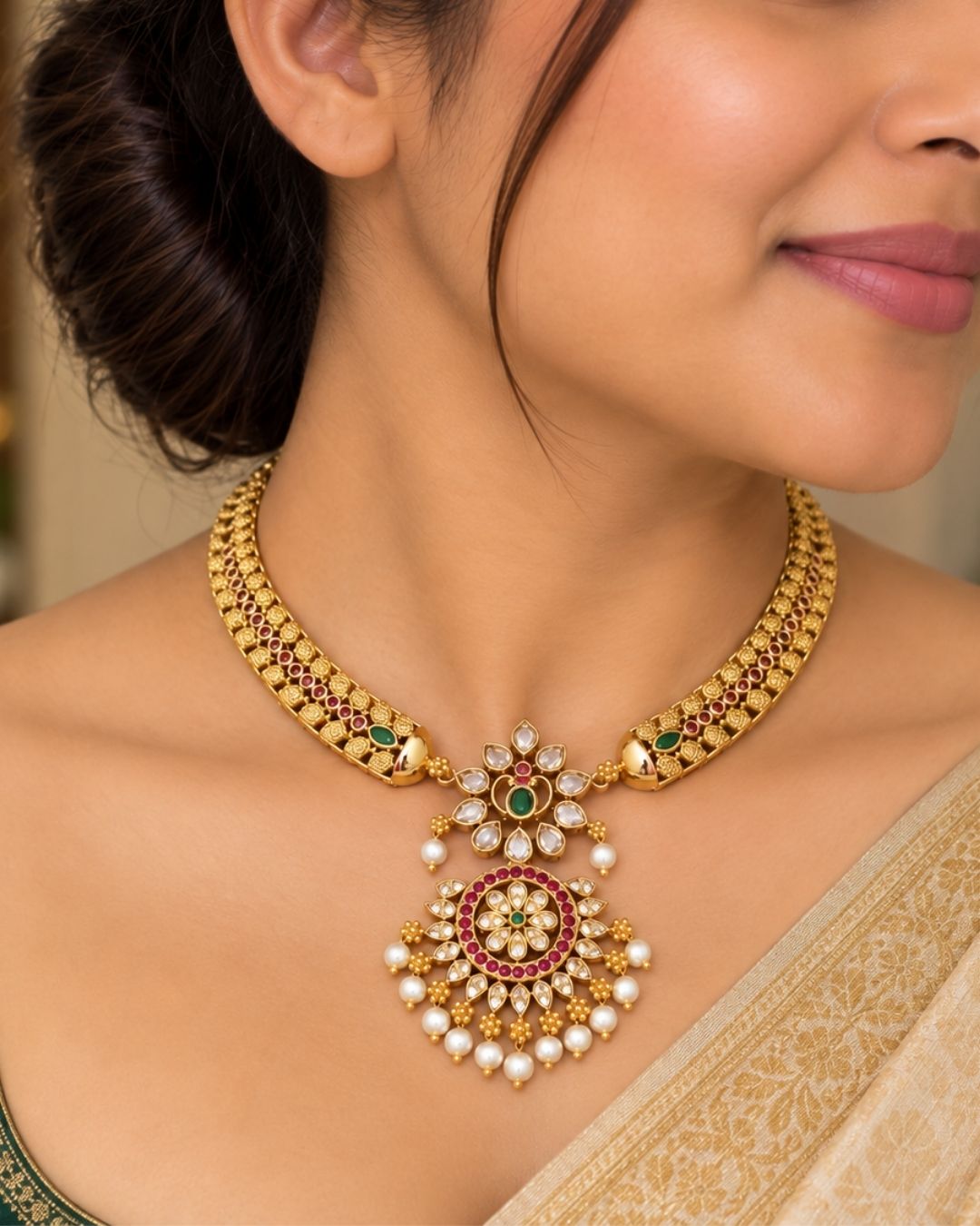 Gold-plated necklace set with intricate design long necklace Setand earrings  with green and red stones come with jadau kundan in necklace set  with beads and in pendent and earrings shows clear design and in detailed shown in picture it will not fade color and water proof can used for festivals, bridals, and weeding&