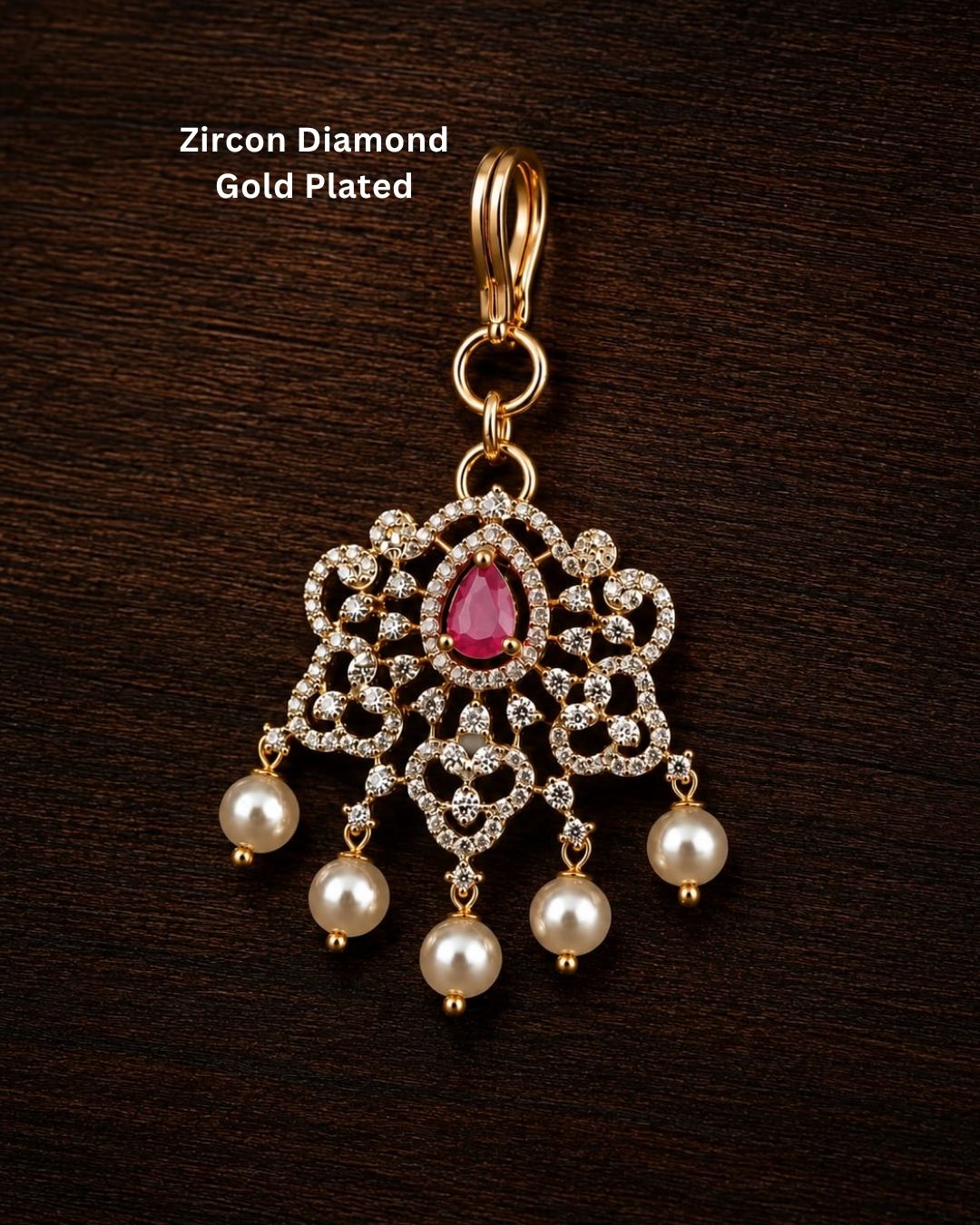 Beautiful pure zirconian diamond mankikka featuring an intricate floral design with a pink teardrop stone and elegant pearl drops. Perfect for bridal wear, weddings, festive occasions, traditional outfits, parties, and gifting.