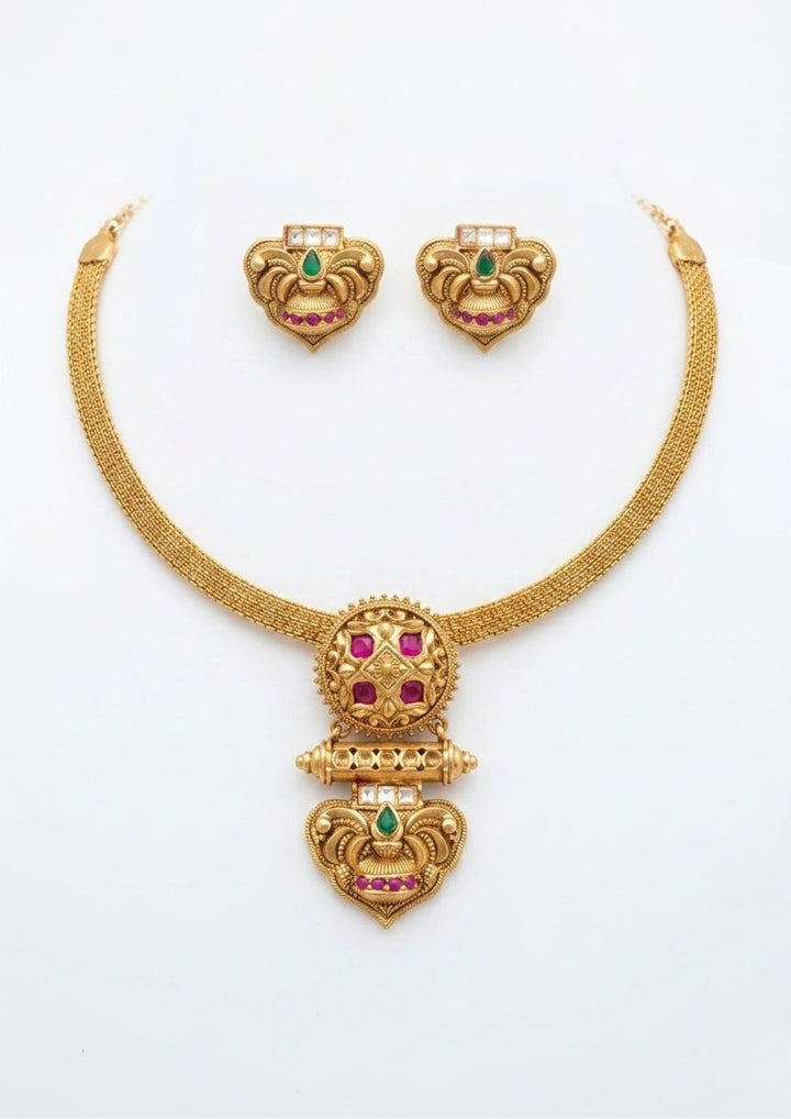  gold plated Detachable Pendant Necklace Set Necklace Set white background flat detail for functional, festive , south indian festivals