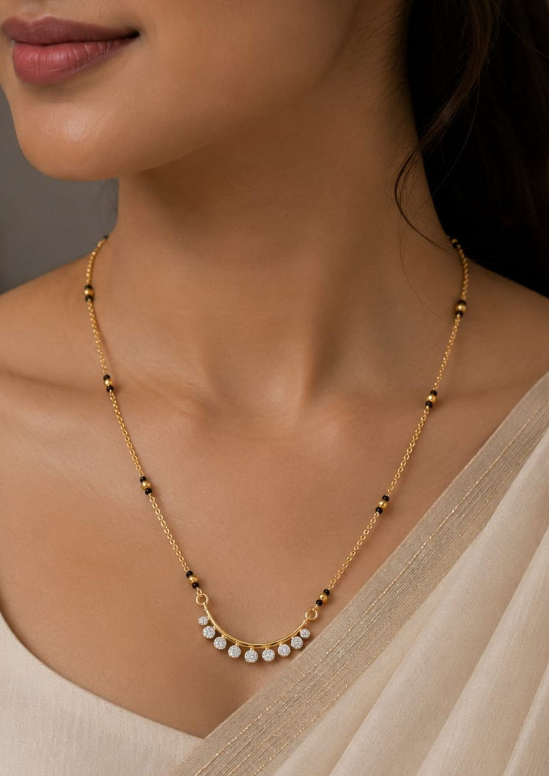 South indian women's Lightweight traditional mangalsutra with a sleek curved CZ-studded pendant, perfect for daily wear, office wear, festive occasions, weddings, and ethnic styling.