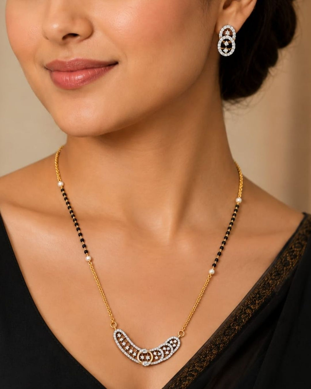 Beautiful black beads gold plated necklace set featuring a unique curved pendant embellished with sparkling stones and matching oval earrings, perfect for daily wear, festive occasions, parties, and gifting.
