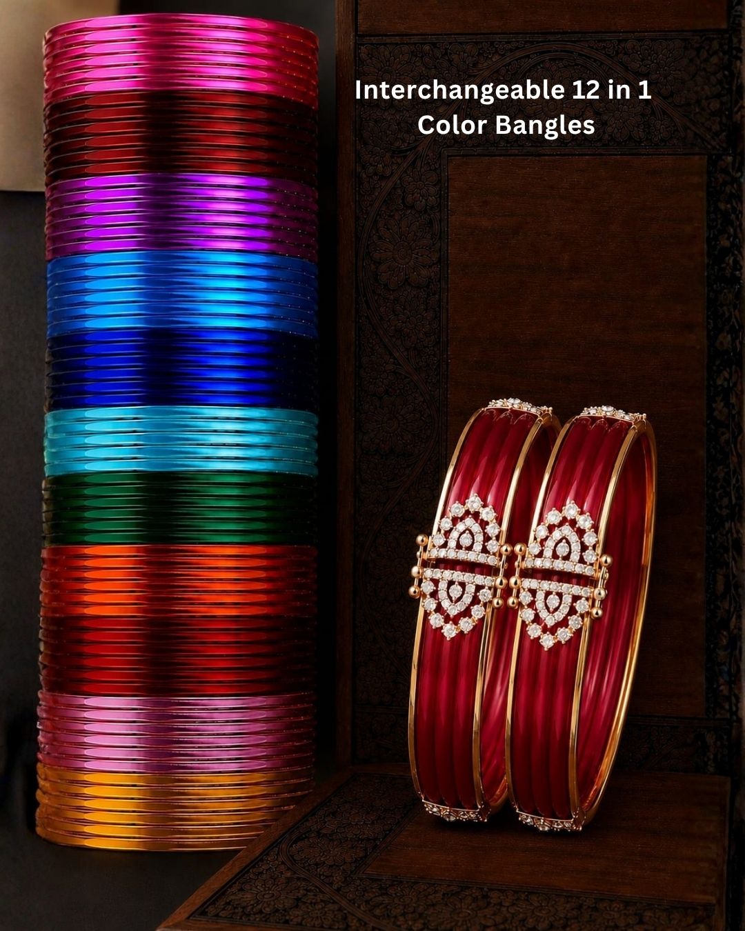 Beautiful diamond finish changeable bangles in red, featuring elegant gold detailing and sparkling stone work. Available in multiple colors, perfect for festive occasions, traditional outfits, daily wear, and gifting.