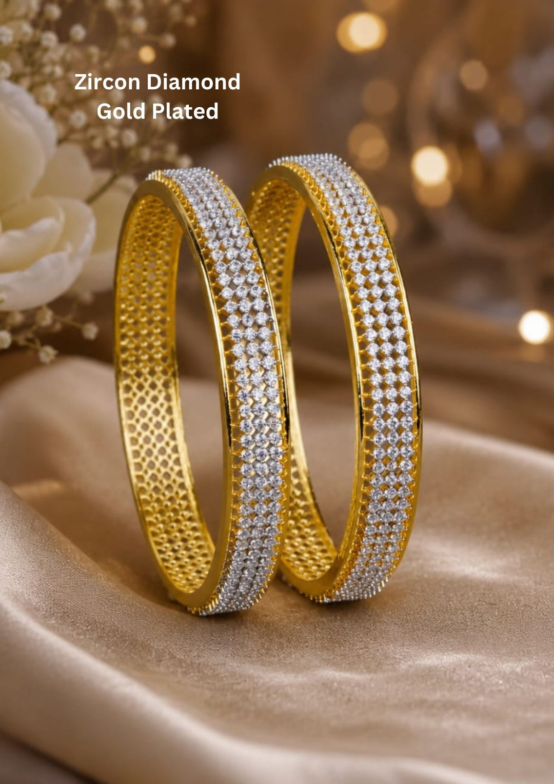 Elegant gold plated bangles featuring multiple rows of sparkling zircon stones arranged in a luxurious lattice pattern. The slim and sophisticated design delivers a brilliant diamond-look finish suitable for weddings, receptions, parties and festive occasions.