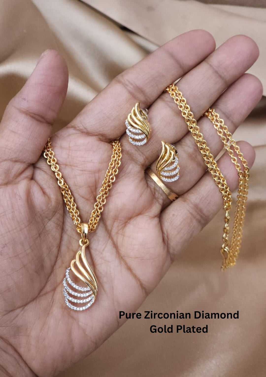 Gold Plated Diamond Pendant Chain with Earrings For Dailywear