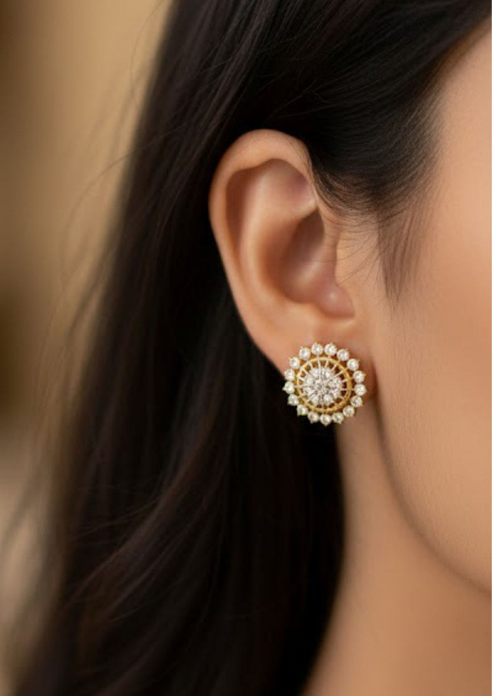 South Indian woman wearing round zircon studs showing simple jewellery look with subtle festive shine and daily comfort styling. Pure Zirconian Diamond Gold Plated Round Studs designed in round stud design with zirconia stone, lightweight, sweat resistant coating, skin-friendly wear suitable for dailywear, office wear, festivals, and simple look.