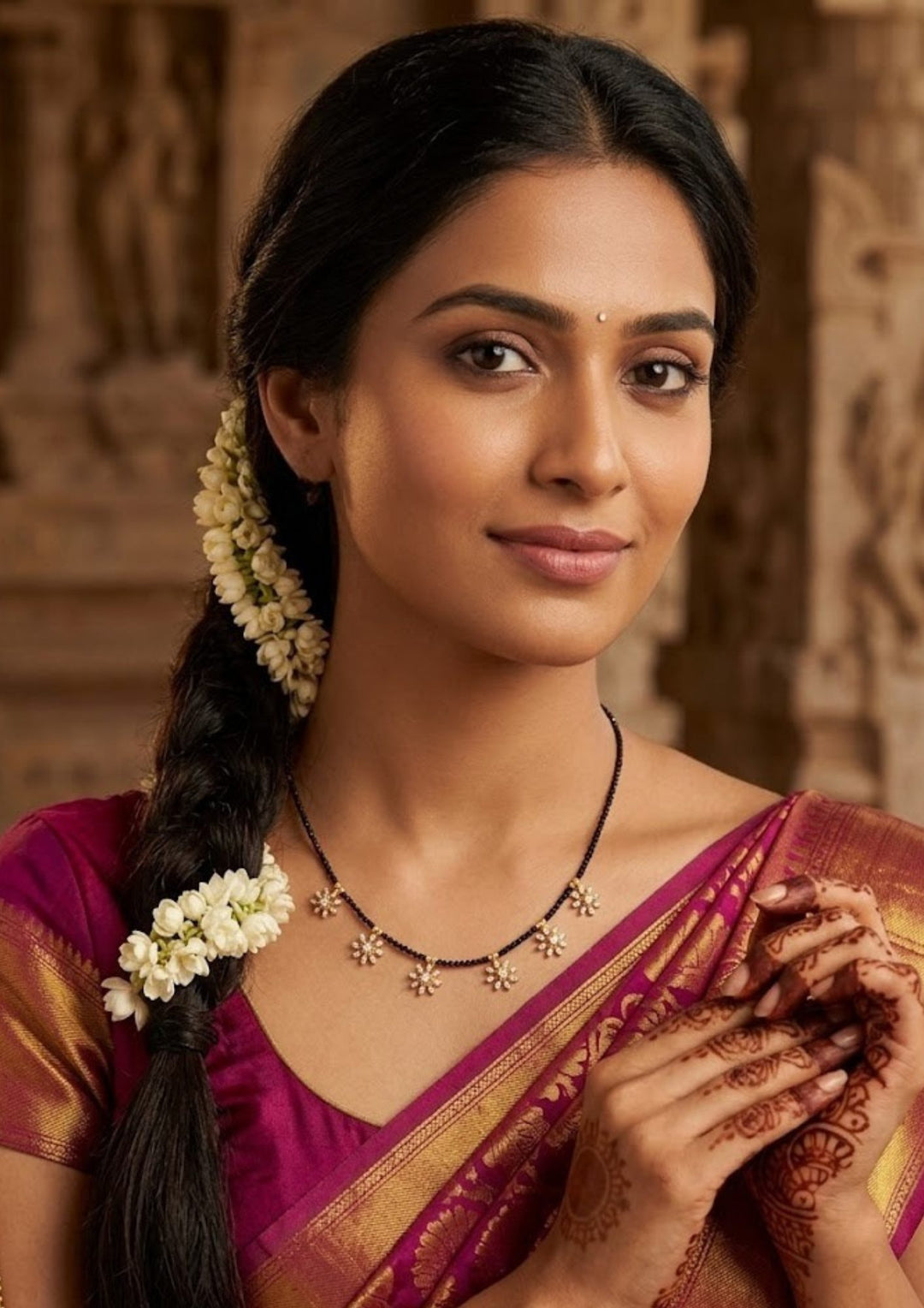 South indian woman wearing delicate diamond gold plated black beads with flowers , traditional look for pooja and dailywear in pattu saree