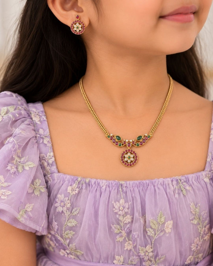 Beautiful multicolor stone gold plated necklace set featuring a delicate chain, floral-inspired design, and matching earrings. Perfect for festive occasions, traditional outfits, parties, and gifting.